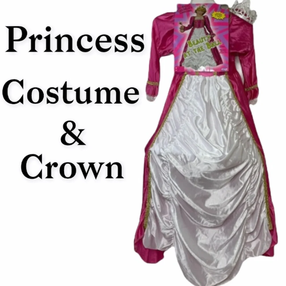 Princess Ball Gown Fairytale Halloween Costume Dress Up Crown Tiara Pink Gold